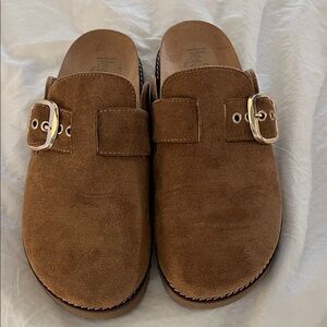 Corkys Tan Suede Slip-On Mules with Gold Buckle